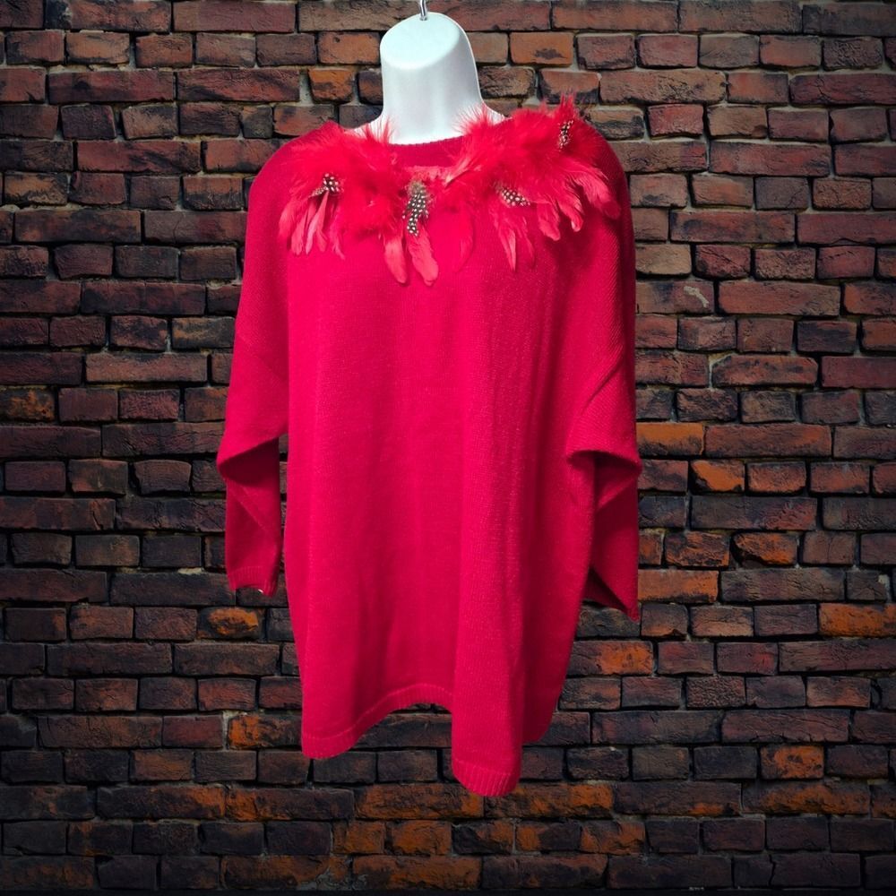 Vintage 80s Studio Collection Sweater Women's‎ 3X Feather Trim Padded Shoulders